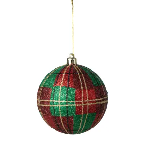 100MM Glitter Plaid Ball Ornament: Burgundy, Red, Emerald, Gold