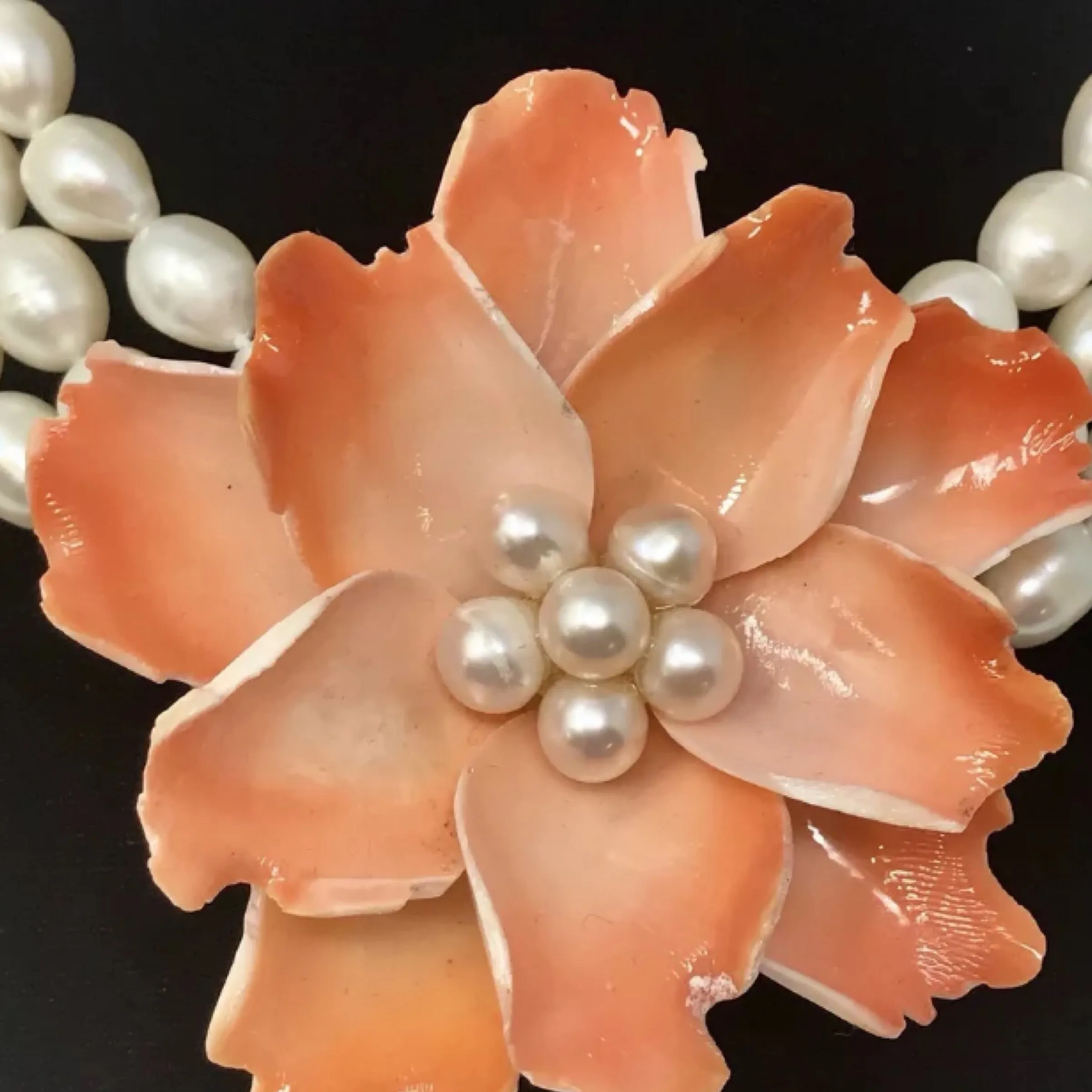 3 Strand White Ringed Freshwater Pearl Orange Flower Necklace