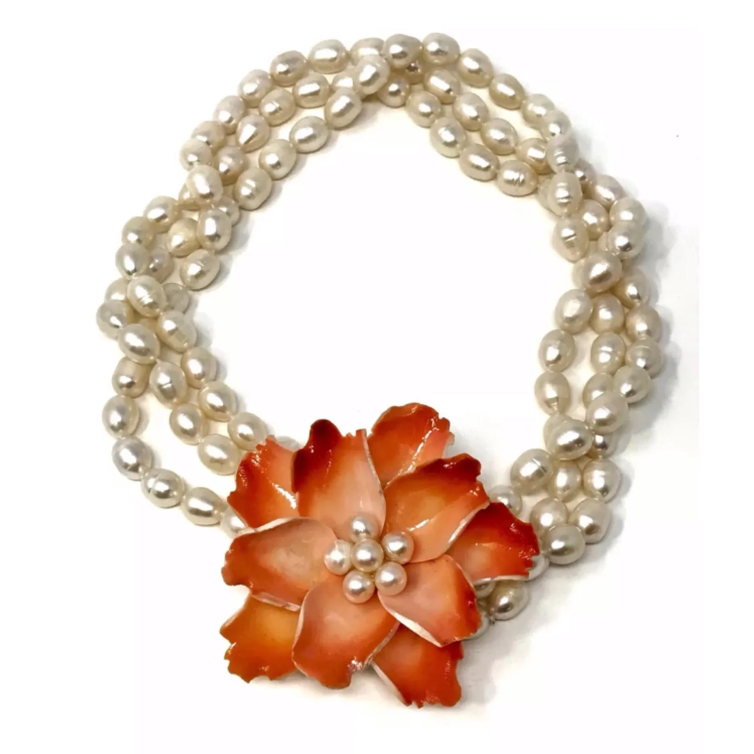 3 Strand White Ringed Freshwater Pearl Orange Flower Necklace