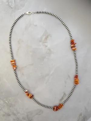4mm Navajo Pearls & Orange Spiny Oyster Chip Necklace Sterling Silver