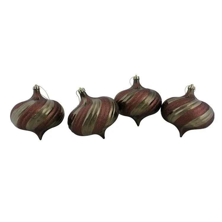 5.75" Mocha Brown Swirl Two-Finish Onion Drop Shatterproof Christmas Ornaments Set of 4