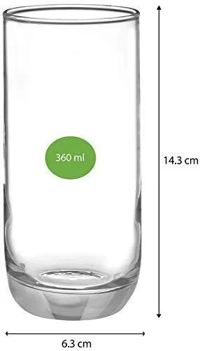 Amazon Brand - Solimo Anya High Ball Glass Set, 360ml, Set of 6, Transparent