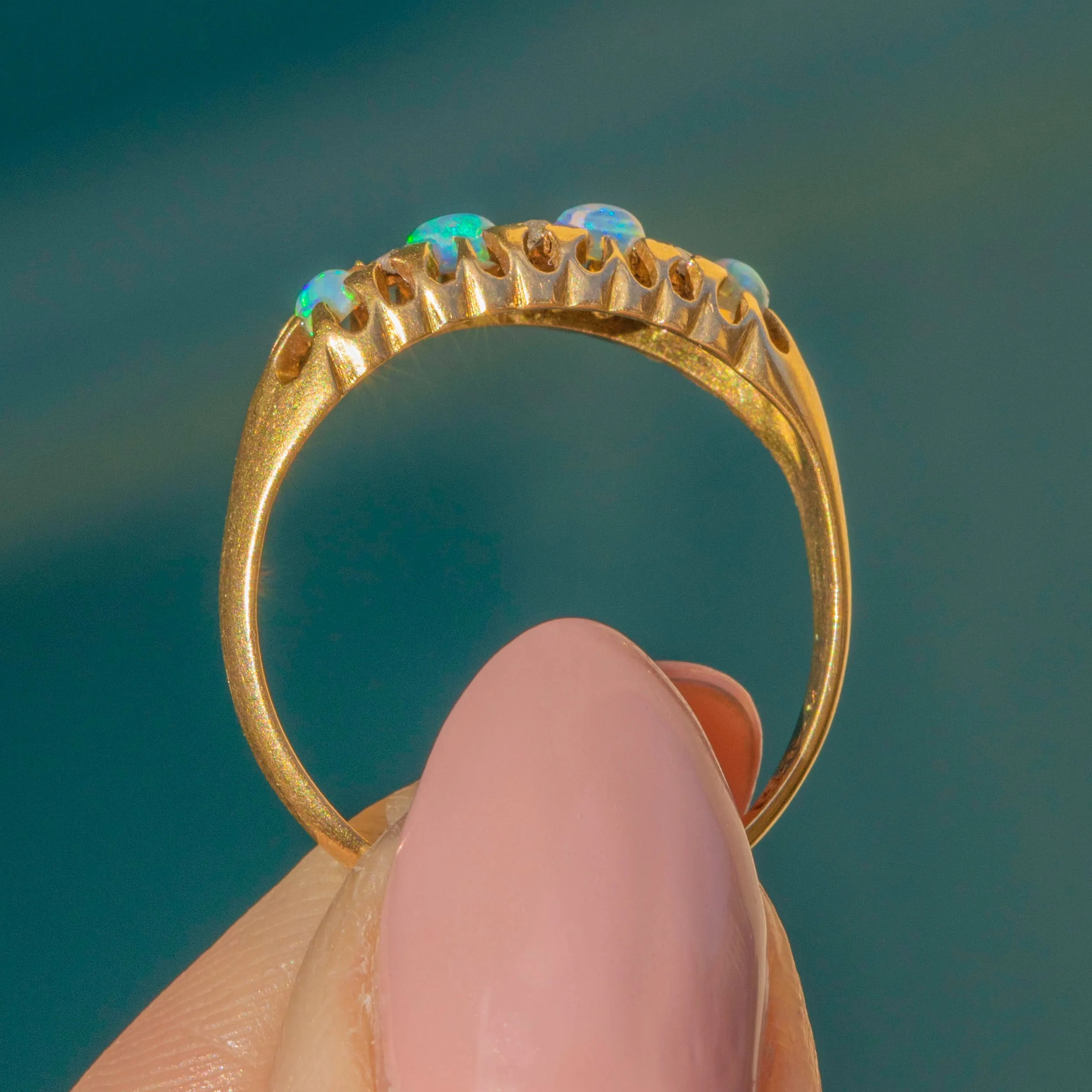Antique 18ct Gold Opal Diamond Boat Ring, c.1915