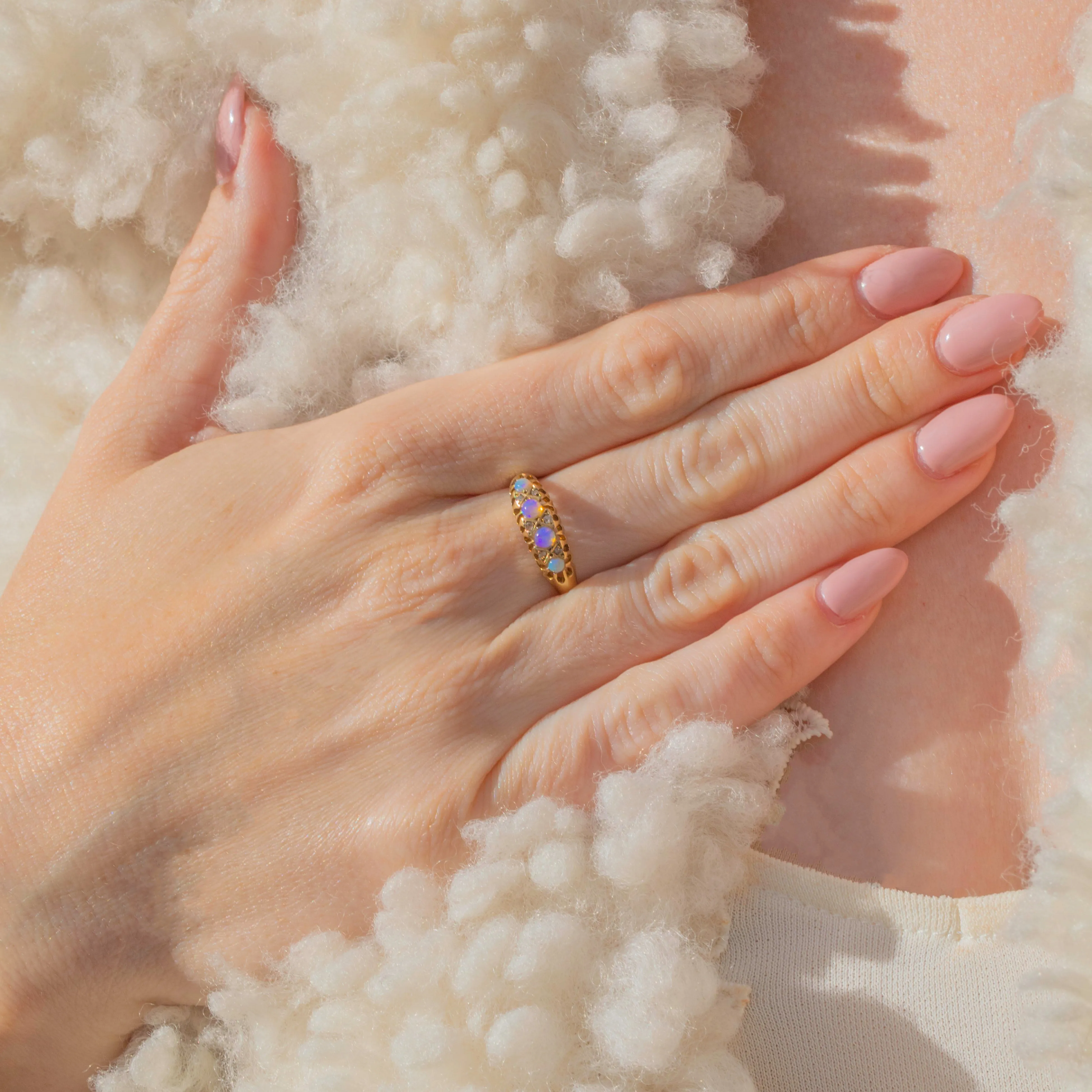 Antique 18ct Gold Opal Diamond Boat Ring, c.1915