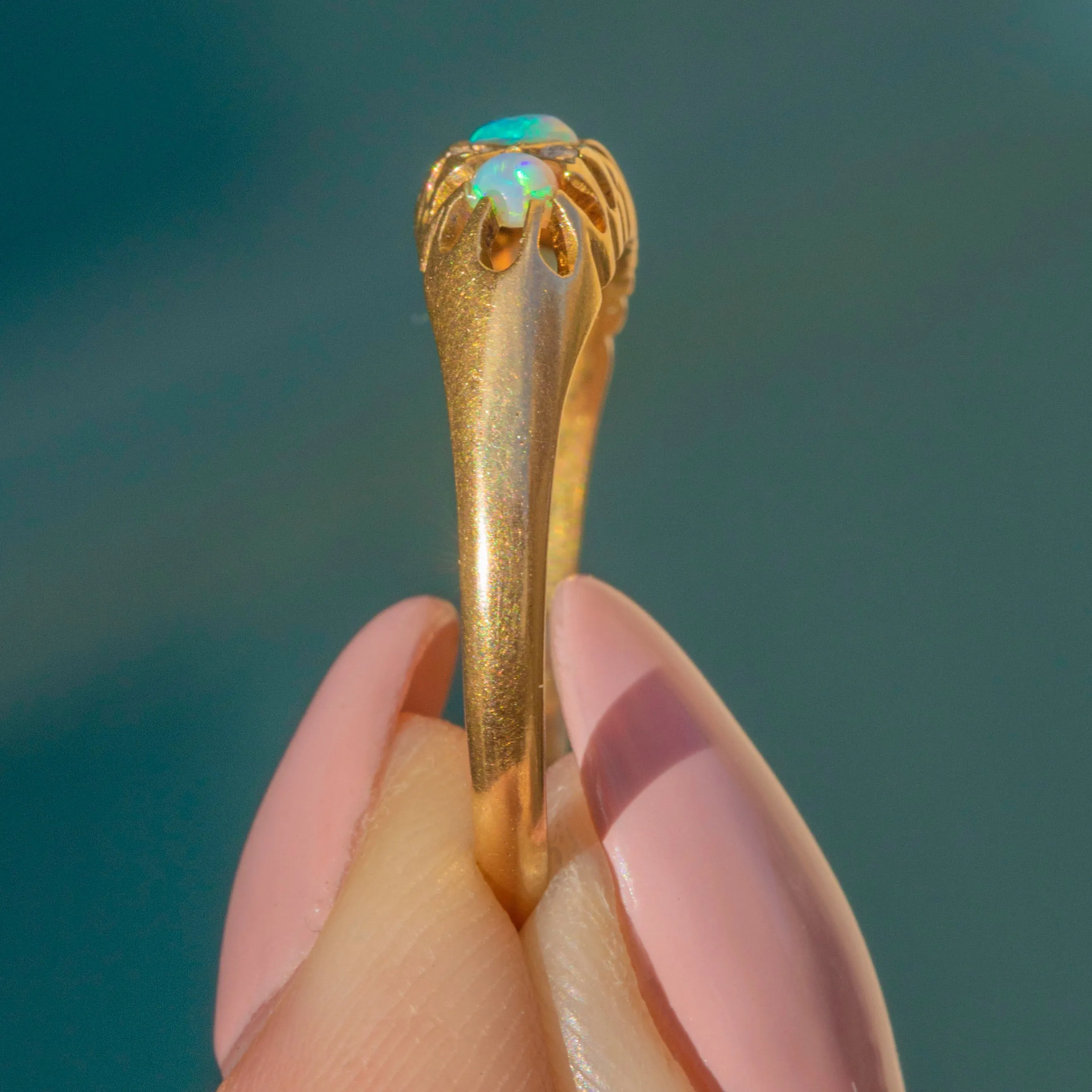 Antique 18ct Gold Opal Diamond Boat Ring, c.1915