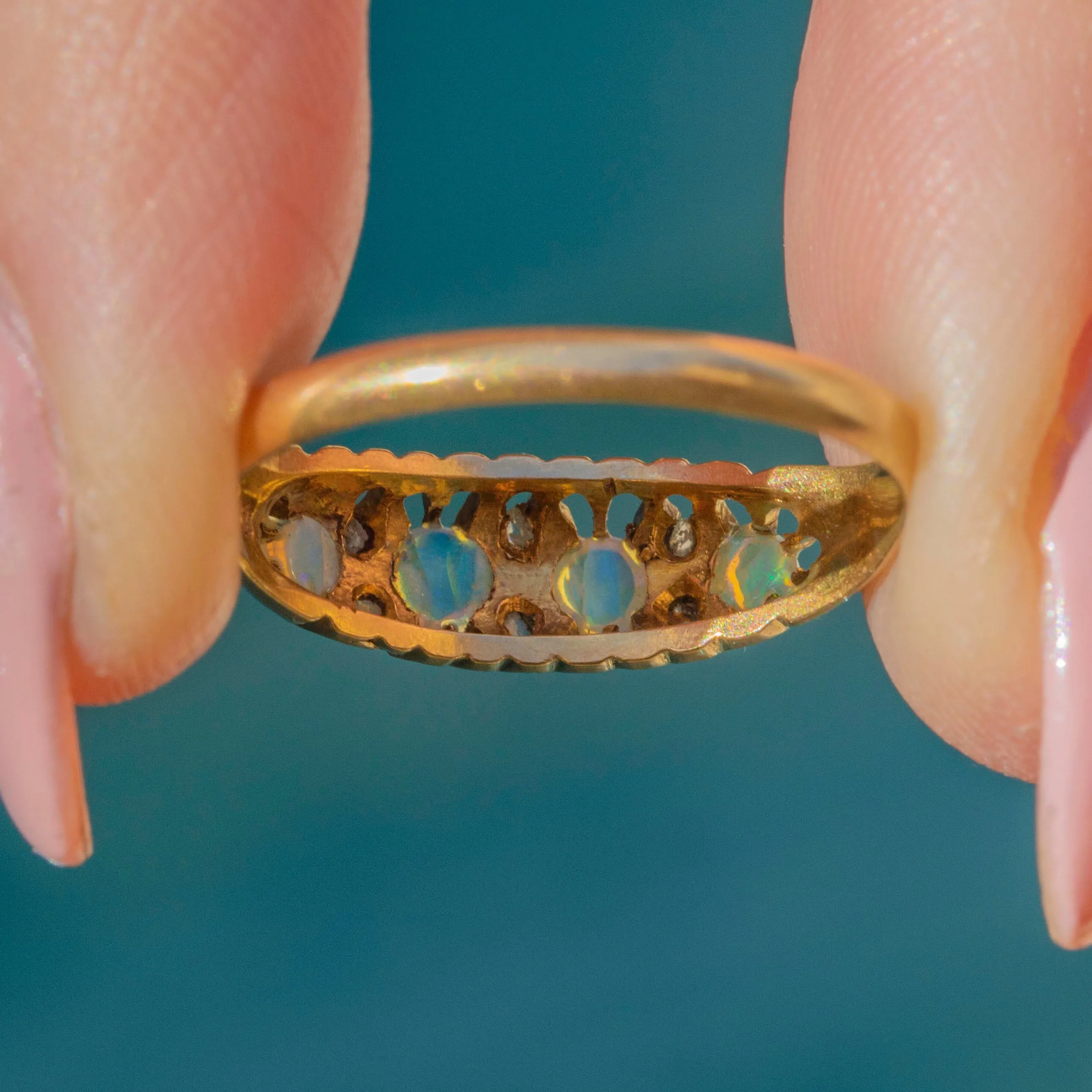 Antique 18ct Gold Opal Diamond Boat Ring, c.1915