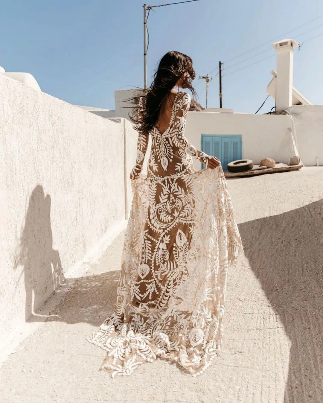 Bohemian Mermaid Round Neck Lace Beach Wedding Dresses VK23052202