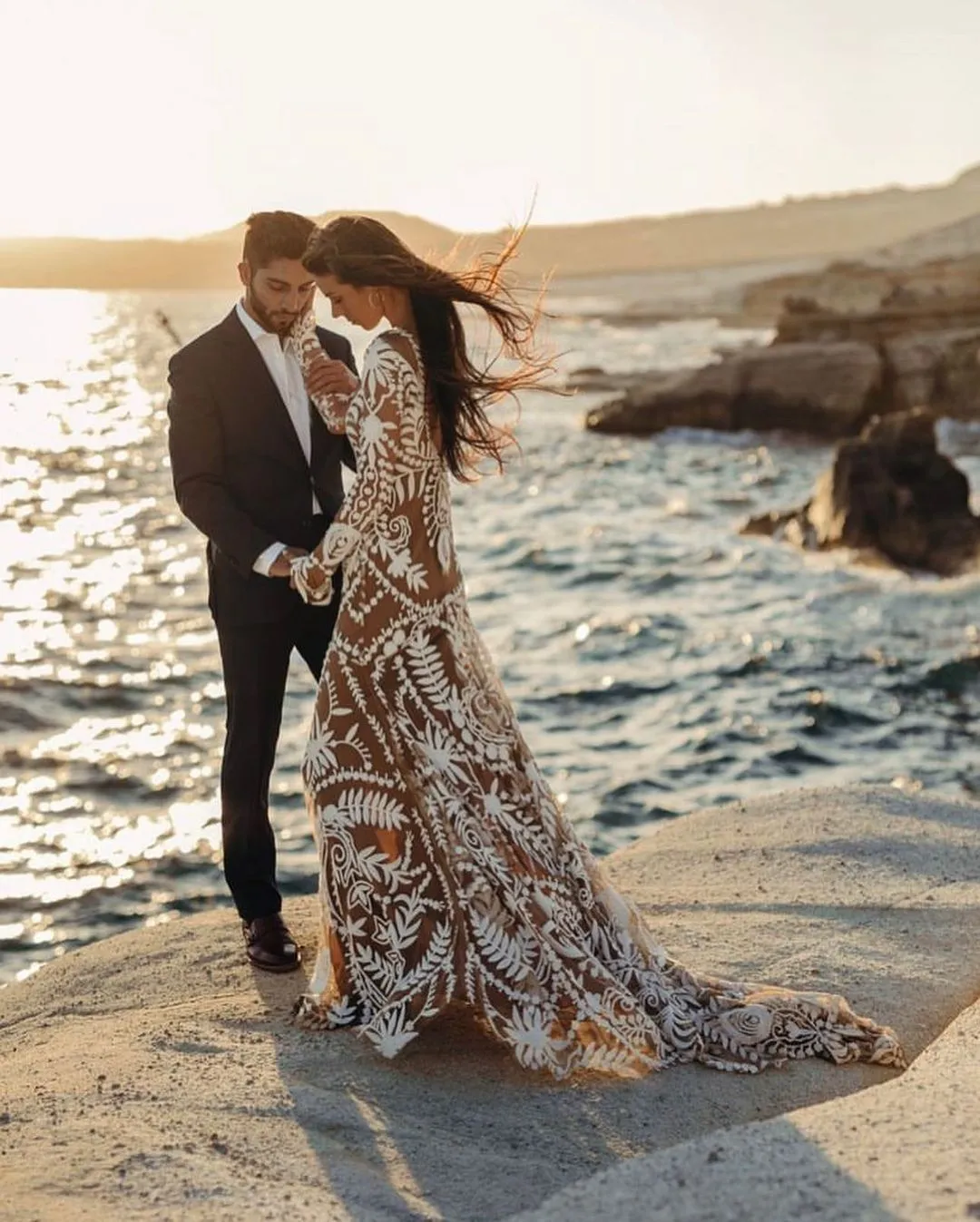Bohemian Mermaid Round Neck Lace Beach Wedding Dresses VK23052202