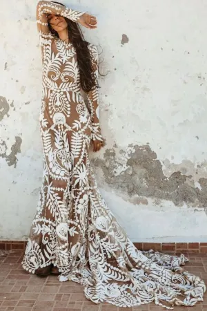 Bohemian Mermaid Round Neck Lace Beach Wedding Dresses VK23052202