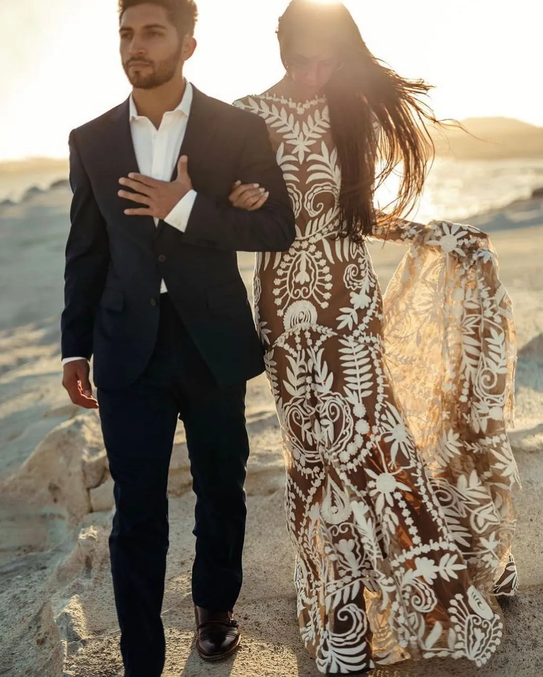 Bohemian Mermaid Round Neck Lace Beach Wedding Dresses VK23052202