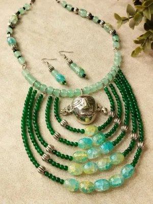Bohemian Style Necklace Set with Ceramic, Glass Beads, and Silver Accents