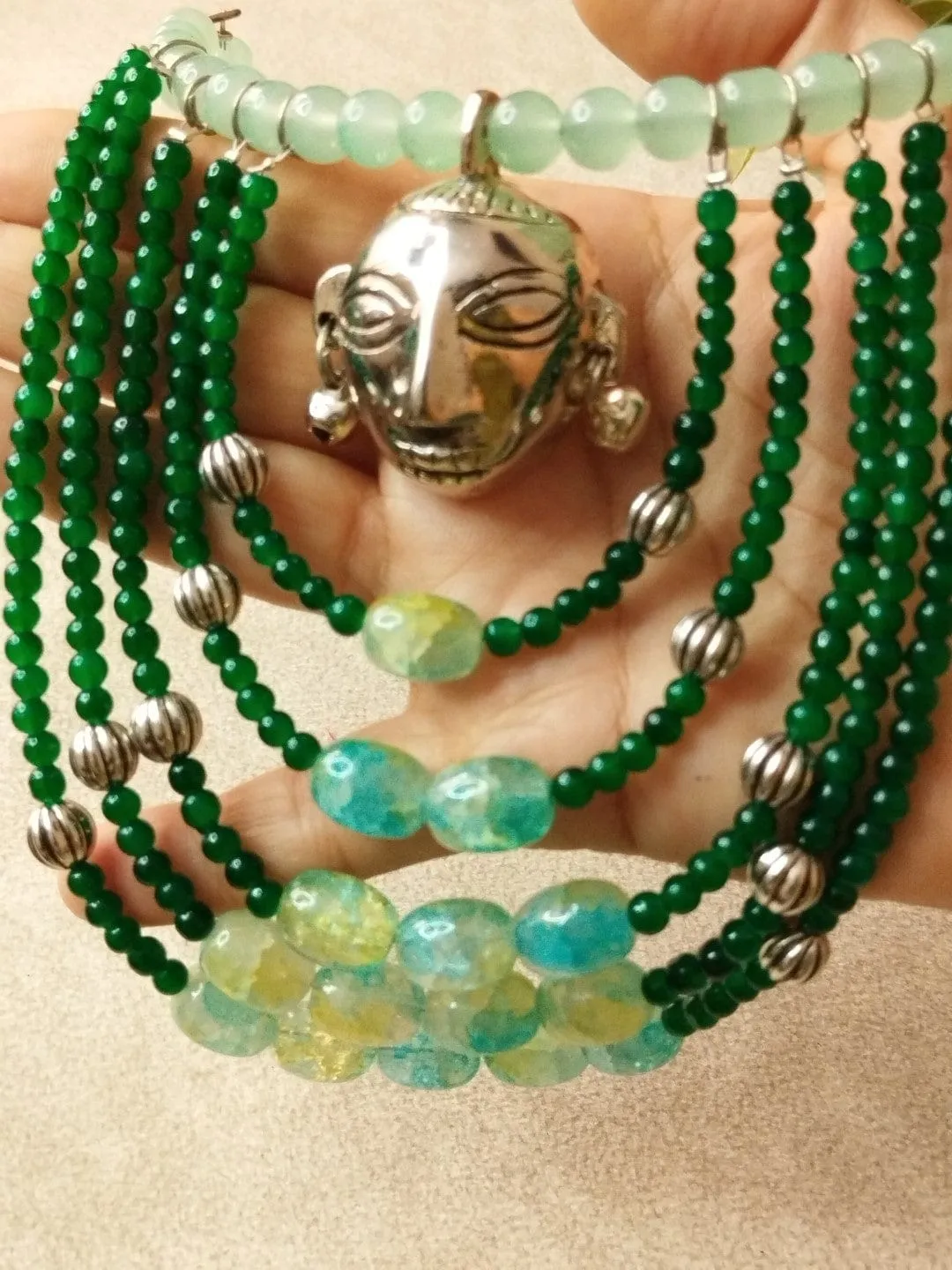 Bohemian Style Necklace Set with Ceramic, Glass Beads, and Silver Accents