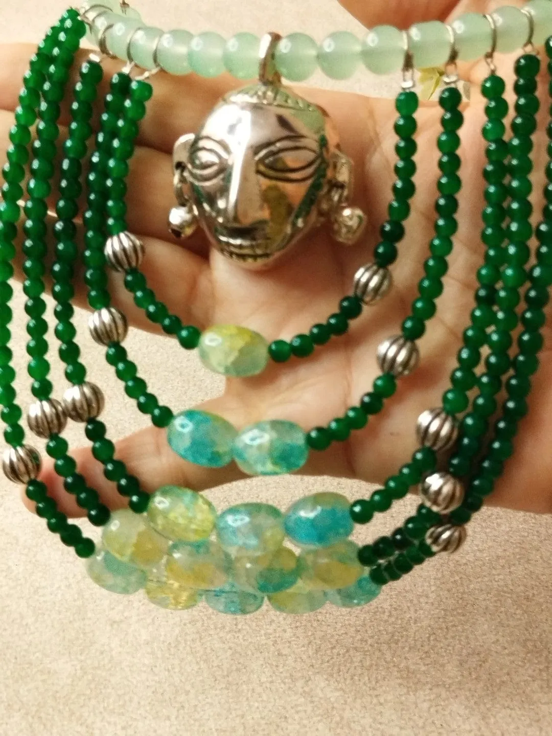 Bohemian Style Necklace Set with Ceramic, Glass Beads, and Silver Accents