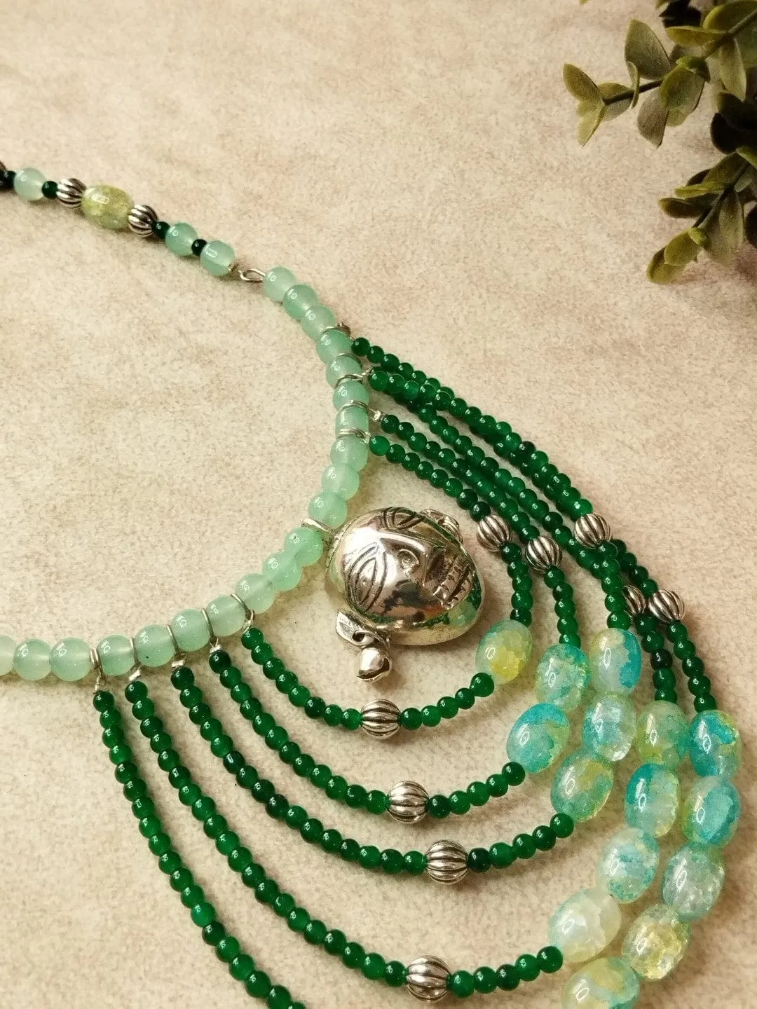 Bohemian Style Necklace Set with Ceramic, Glass Beads, and Silver Accents