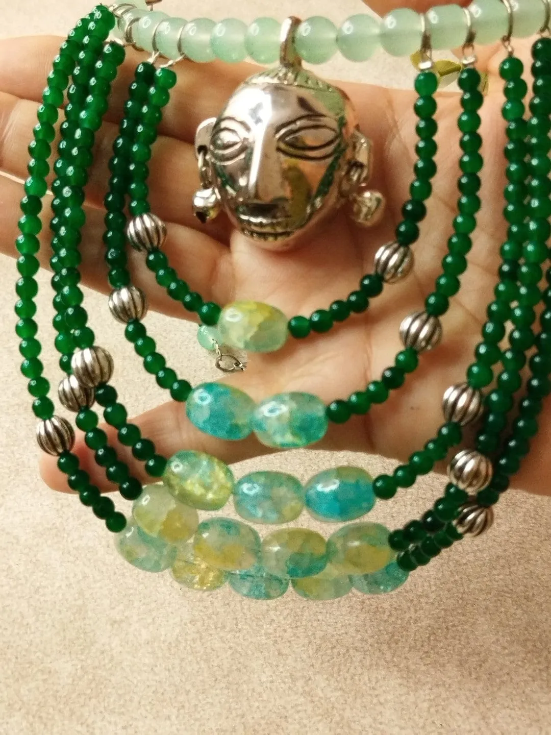 Bohemian Style Necklace Set with Ceramic, Glass Beads, and Silver Accents