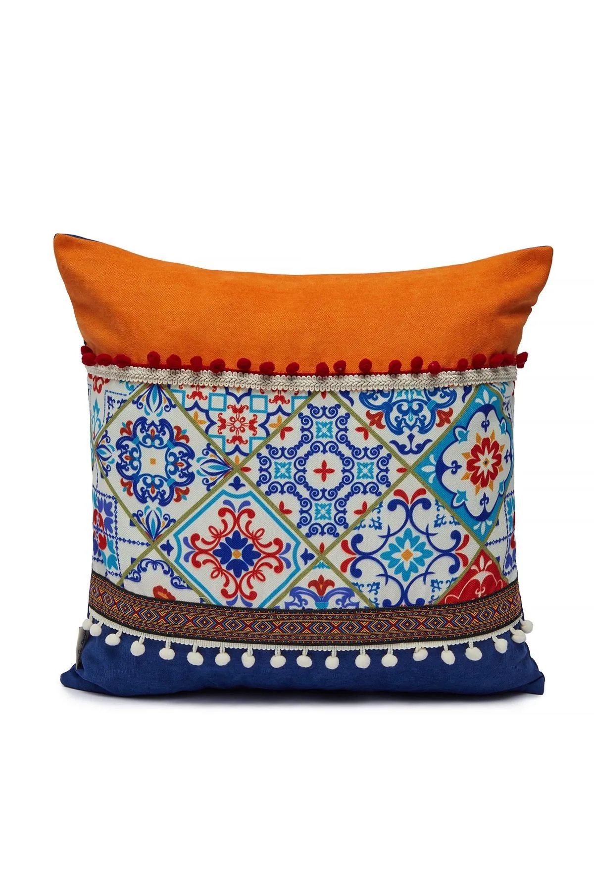 Boho Decorative Colourful Throw Pillow Cover 18x18 Inches Mixture of Printed and Knit Fabric Cushion Cover with Pom-pom Details,K-225