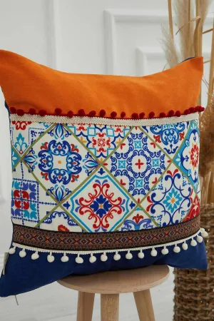 Boho Decorative Colourful Throw Pillow Cover 18x18 Inches Mixture of Printed and Knit Fabric Cushion Cover with Pom-pom Details,K-225