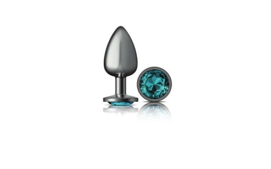 Cheeky Charms Gunmetal Round Butt Plug w Teal Jewel Small