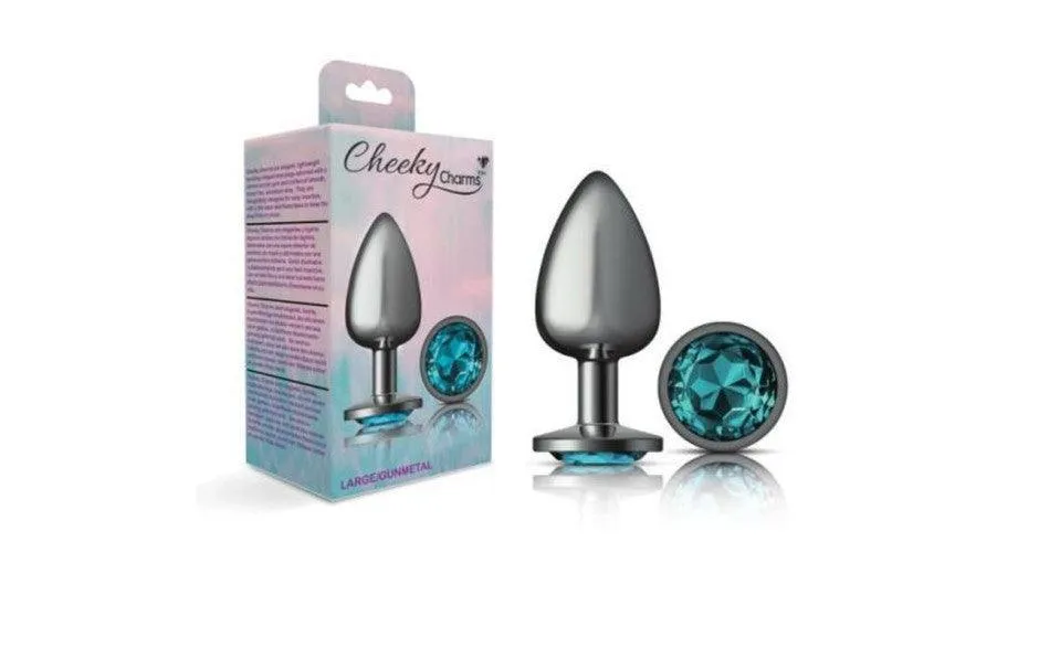 Cheeky Charms Gunmetal Round Butt Plug w Teal Jewel Small
