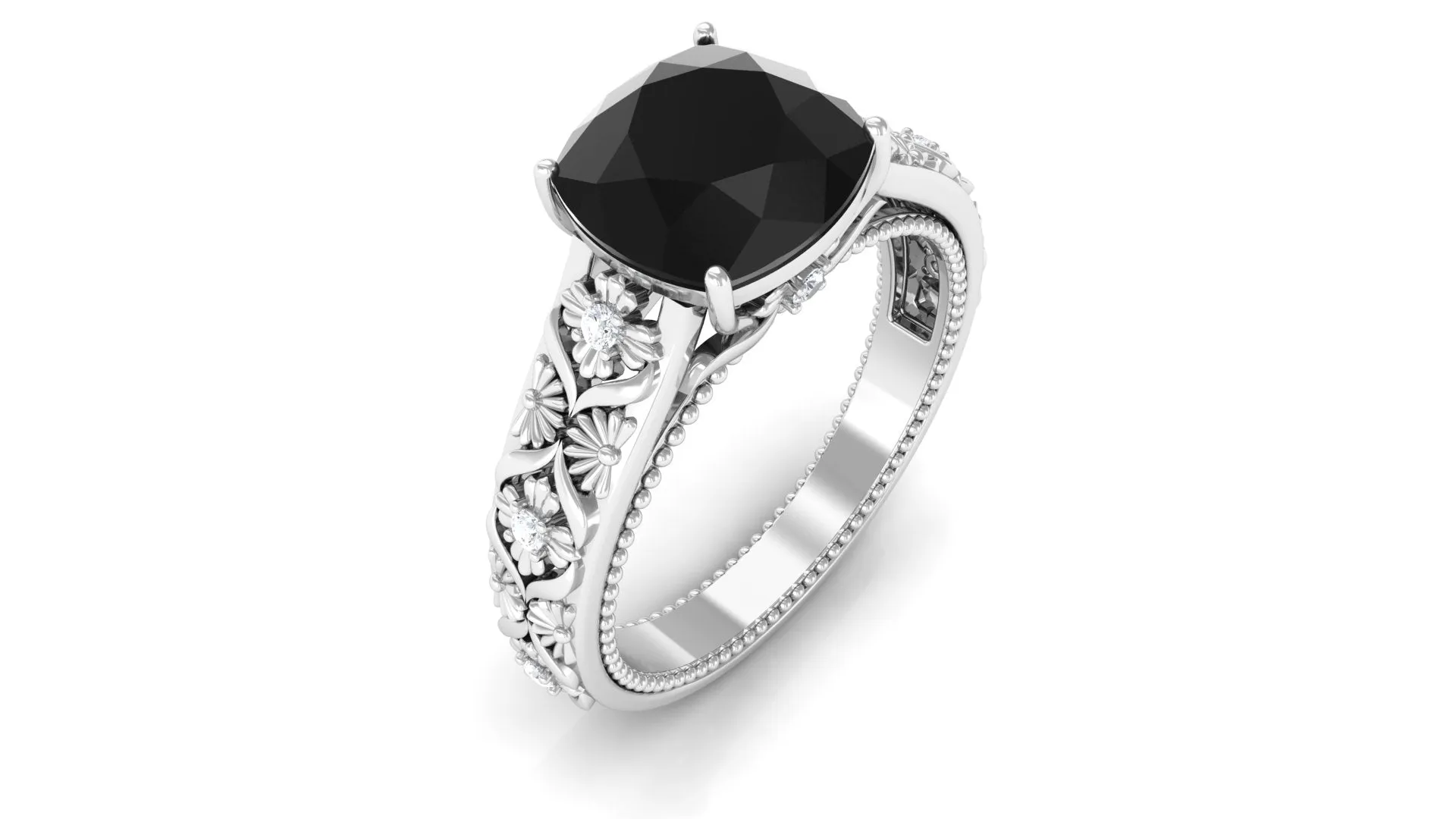 Cushion Cut Solitaire Black Onyx Floral Engagement Ring with Diamond