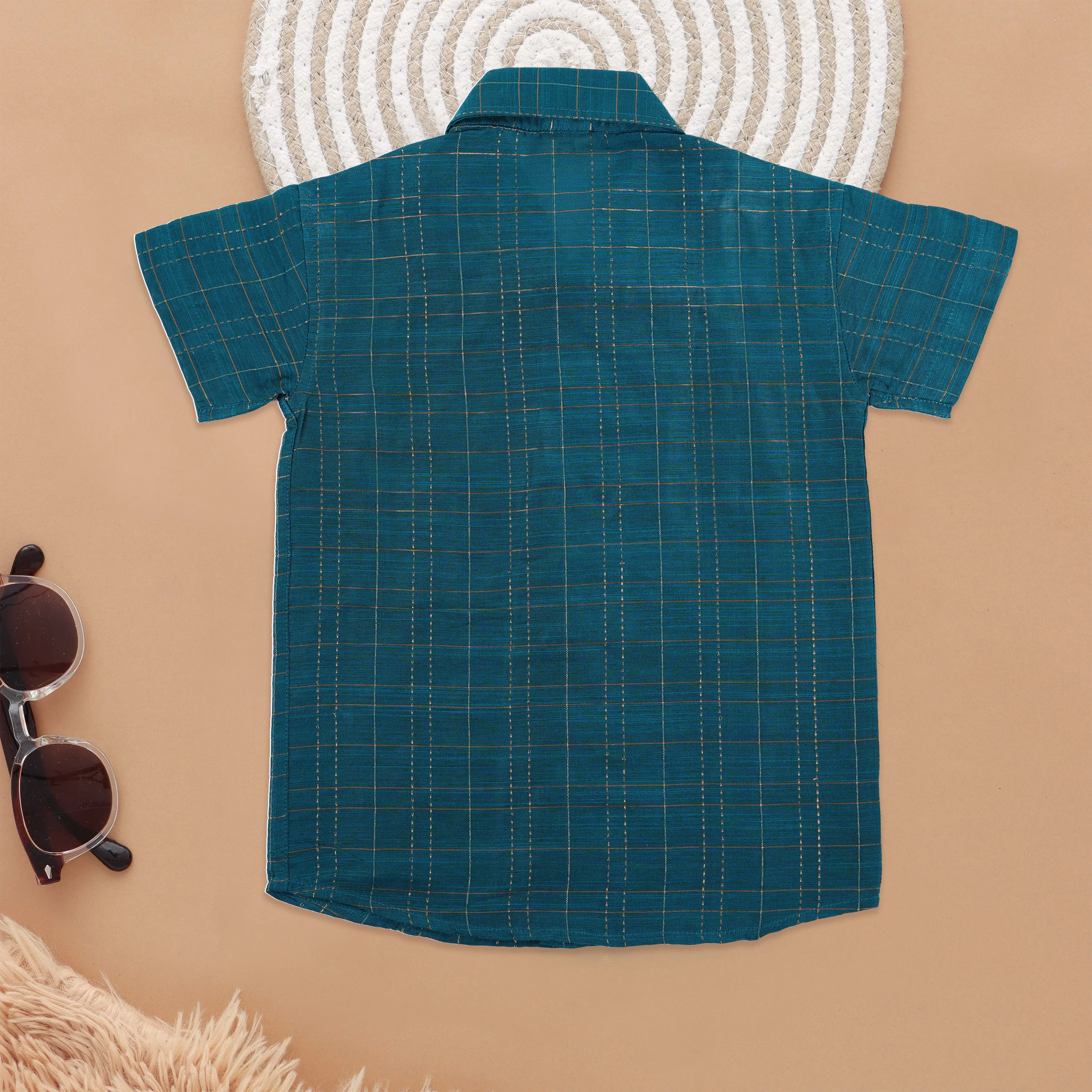 Deep Teal Checked Boys Ethnic Shirt for Special Occasions