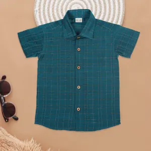 Deep Teal Checked Boys Ethnic Shirt for Special Occasions