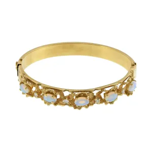 Estate 14KT Yellow Gold White Opal And Diamond Bangle Bracelet