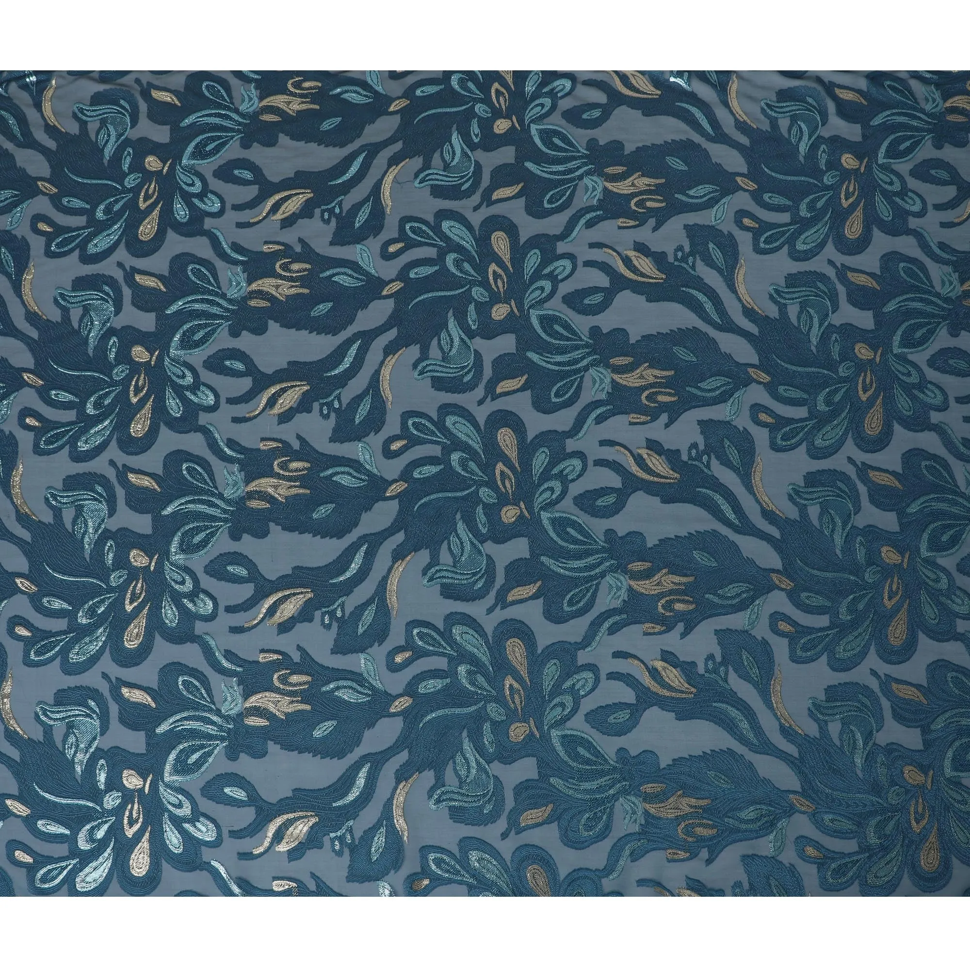French Teal Silk Chiffon (Fransawi) Fabric with Metallic Gold and Blue Lurex Floral Design, 110 cm Width-D19737