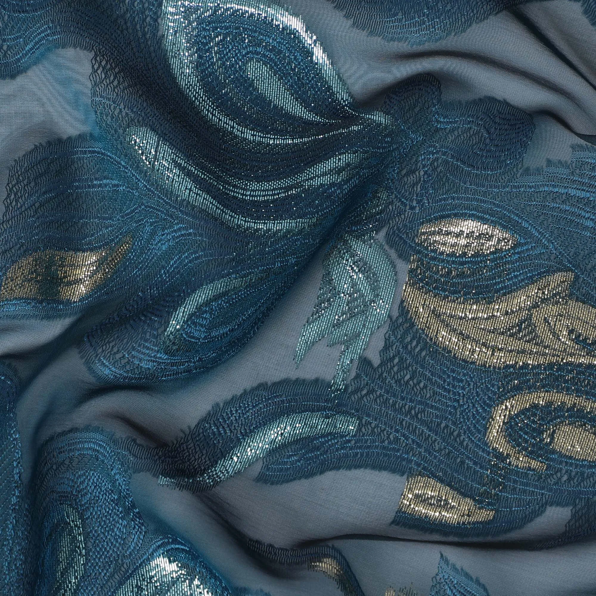 French Teal Silk Chiffon (Fransawi) Fabric with Metallic Gold and Blue Lurex Floral Design, 110 cm Width-D19737