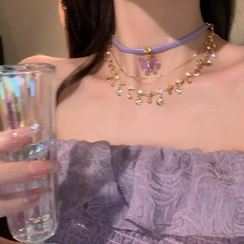 Glitter Layered Butterfly Wax Cord Necklace