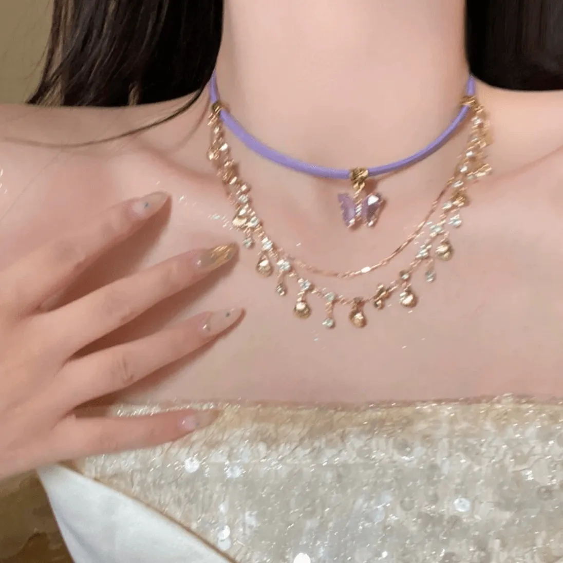 Glitter Layered Butterfly Wax Cord Necklace