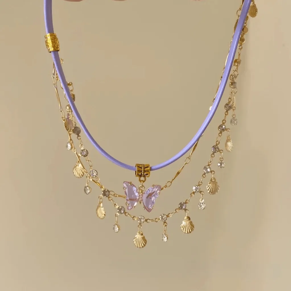 Glitter Layered Butterfly Wax Cord Necklace