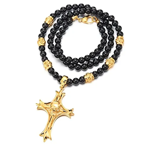 Gothic Style Black Onyx Beads Necklace for Men, Featuring Stainless Steel Cross Skulls, Ideal for Casual Wear or Themed Events