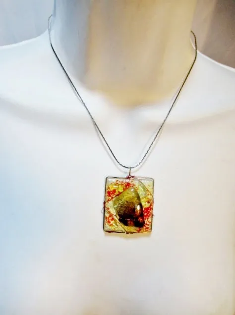 Handmade FUSED Glass Pendant NECKLACE Wrapped Artisan SQUARE Arts Crafts Jewelry