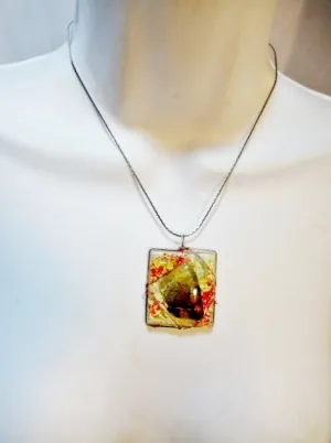 Handmade FUSED Glass Pendant NECKLACE Wrapped Artisan SQUARE Arts Crafts Jewelry