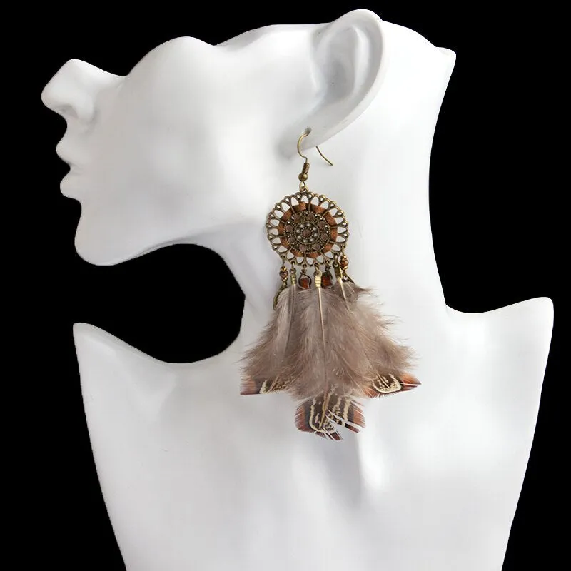 Long Feather Native Indian Dreamcatcher Earrings