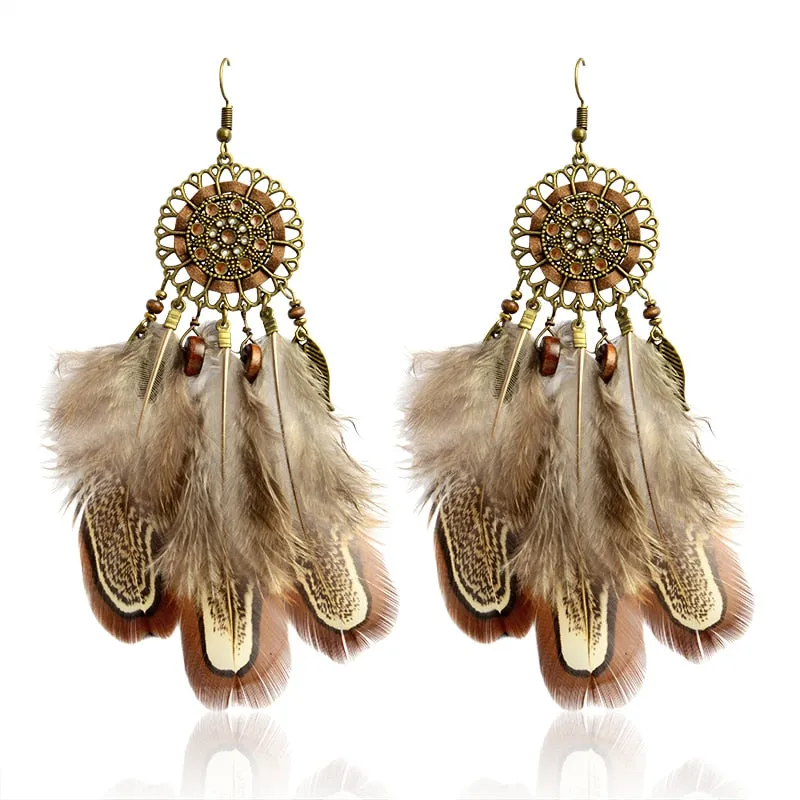 Long Feather Native Indian Dreamcatcher Earrings