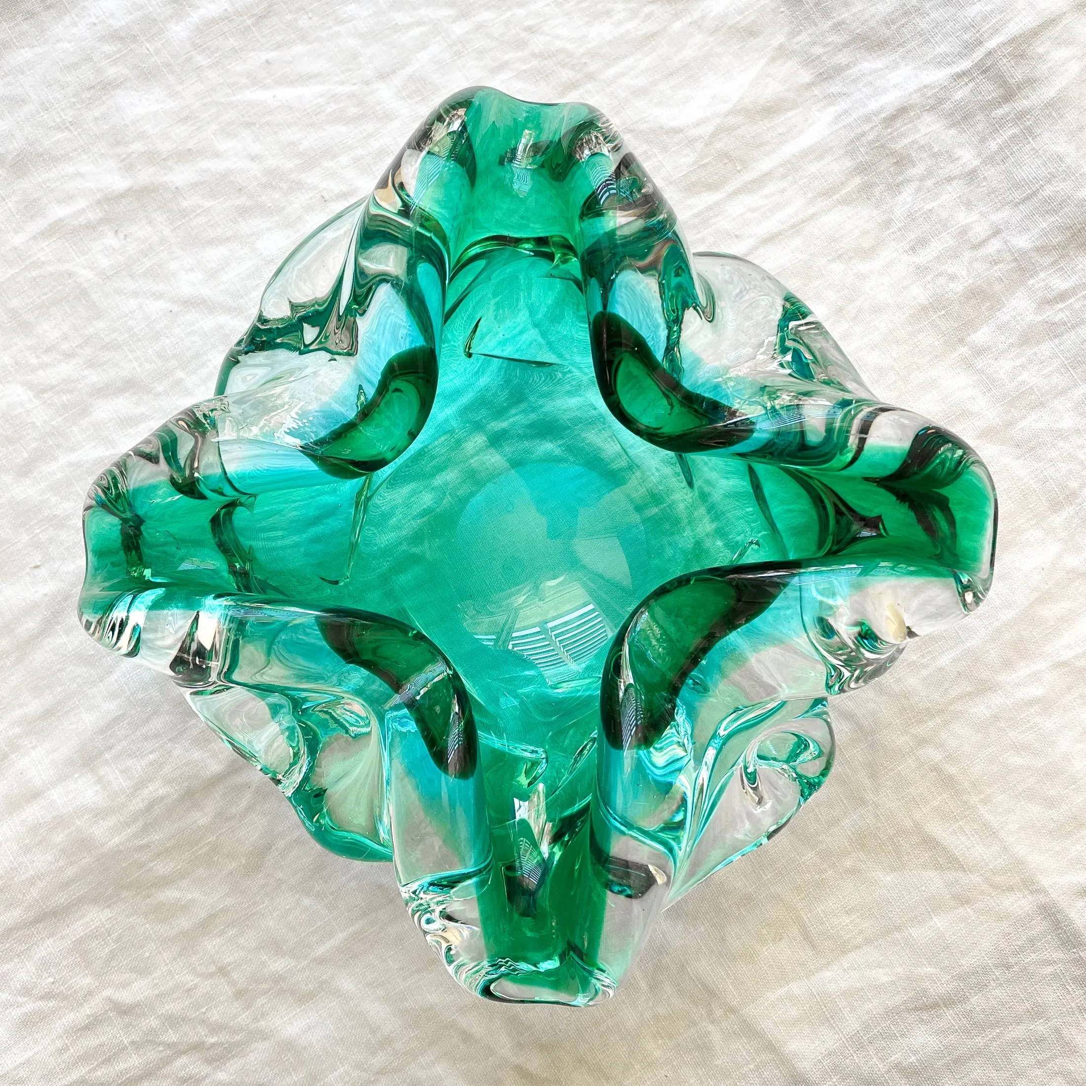 MCM Vintage Handblown Glass Bowl, Turquoise/Aqua Art Glass