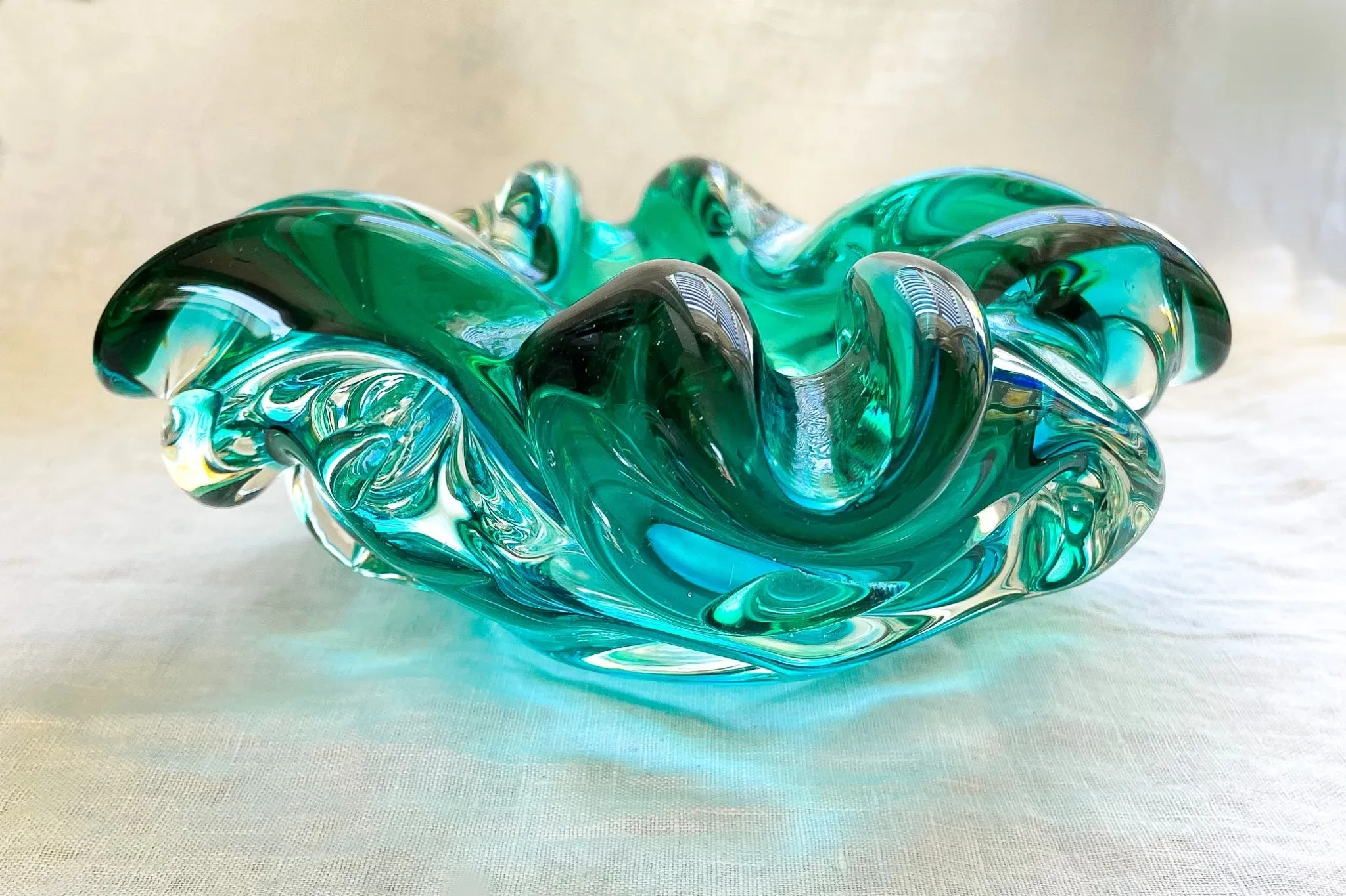 MCM Vintage Handblown Glass Bowl, Turquoise/Aqua Art Glass
