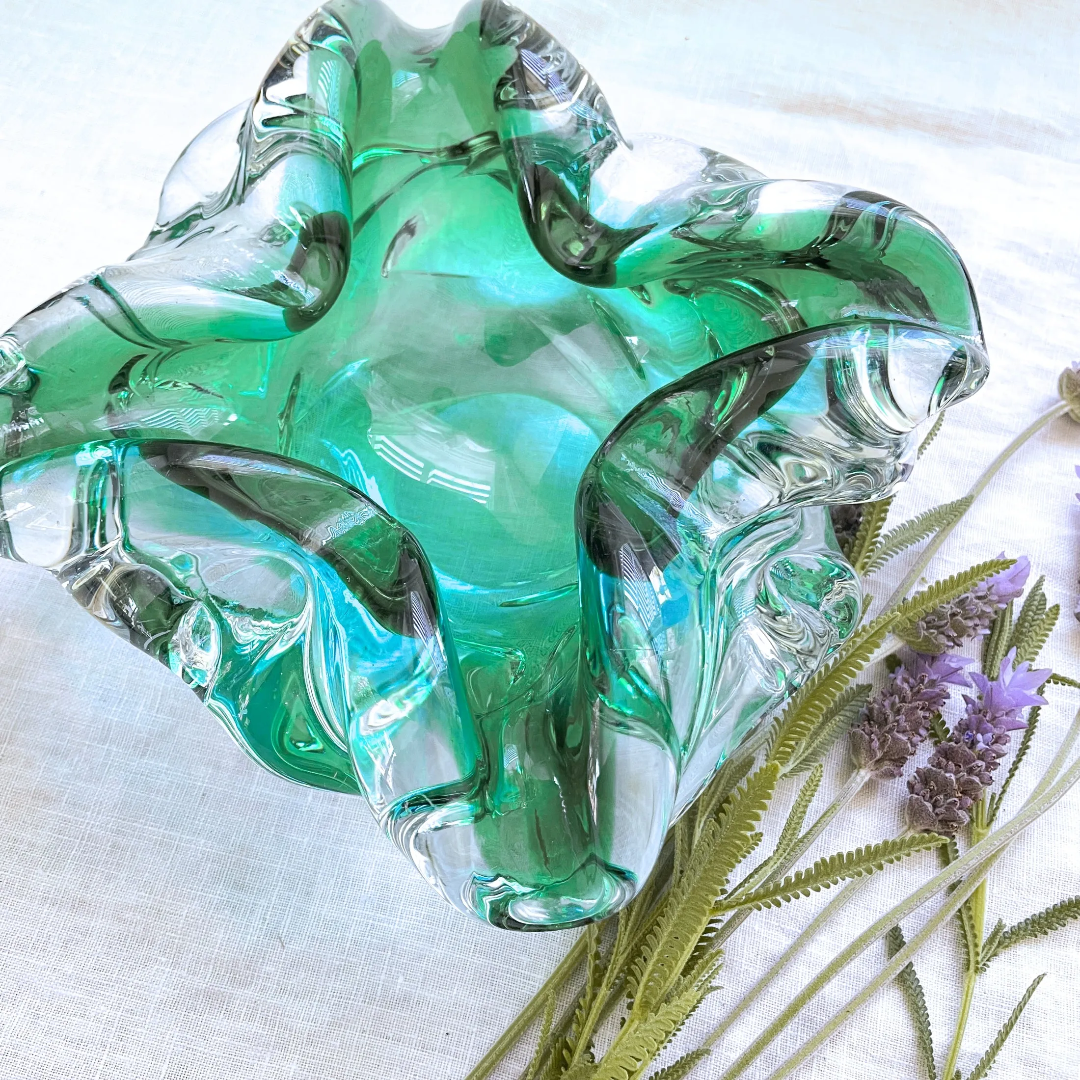 MCM Vintage Handblown Glass Bowl, Turquoise/Aqua Art Glass