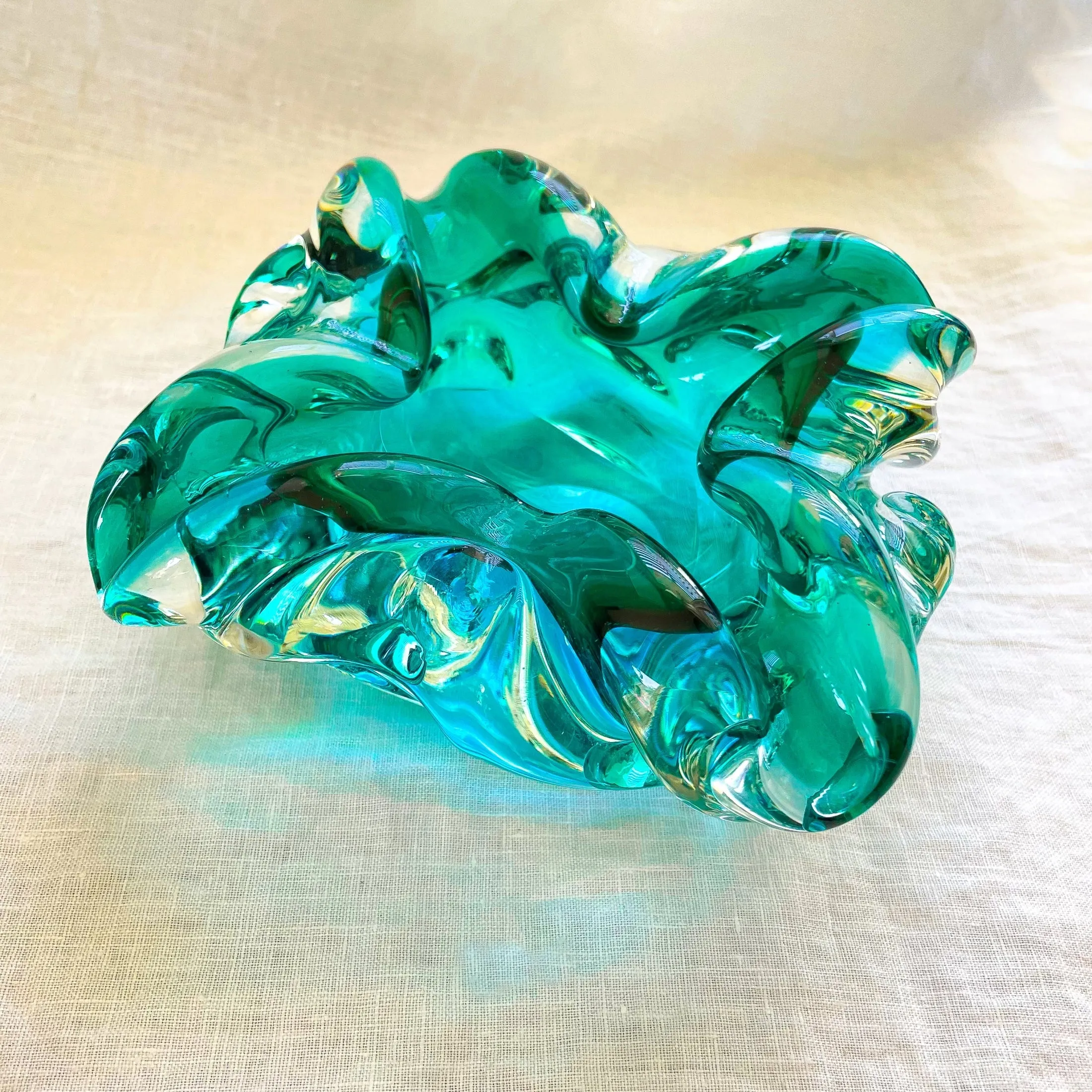 MCM Vintage Handblown Glass Bowl, Turquoise/Aqua Art Glass