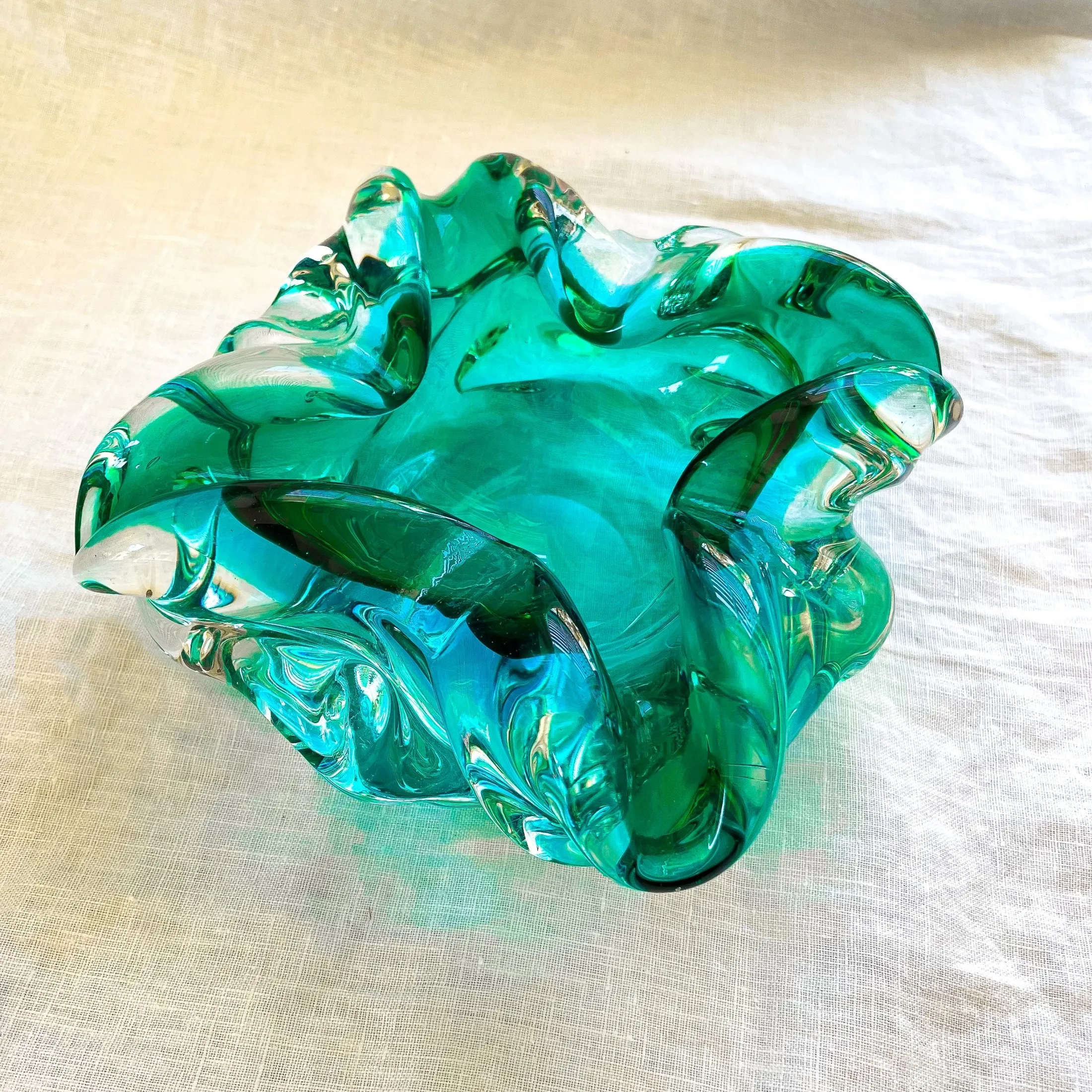MCM Vintage Handblown Glass Bowl, Turquoise/Aqua Art Glass
