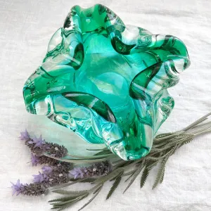 MCM Vintage Handblown Glass Bowl, Turquoise/Aqua Art Glass