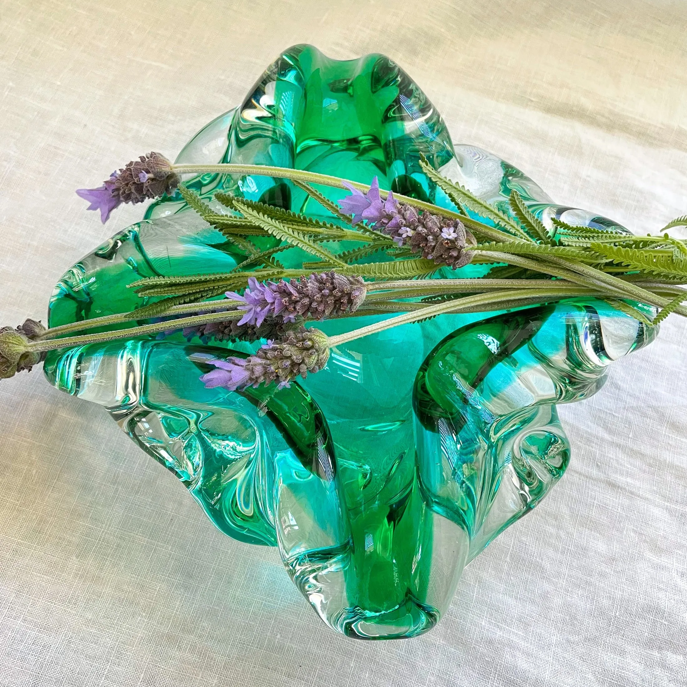 MCM Vintage Handblown Glass Bowl, Turquoise/Aqua Art Glass