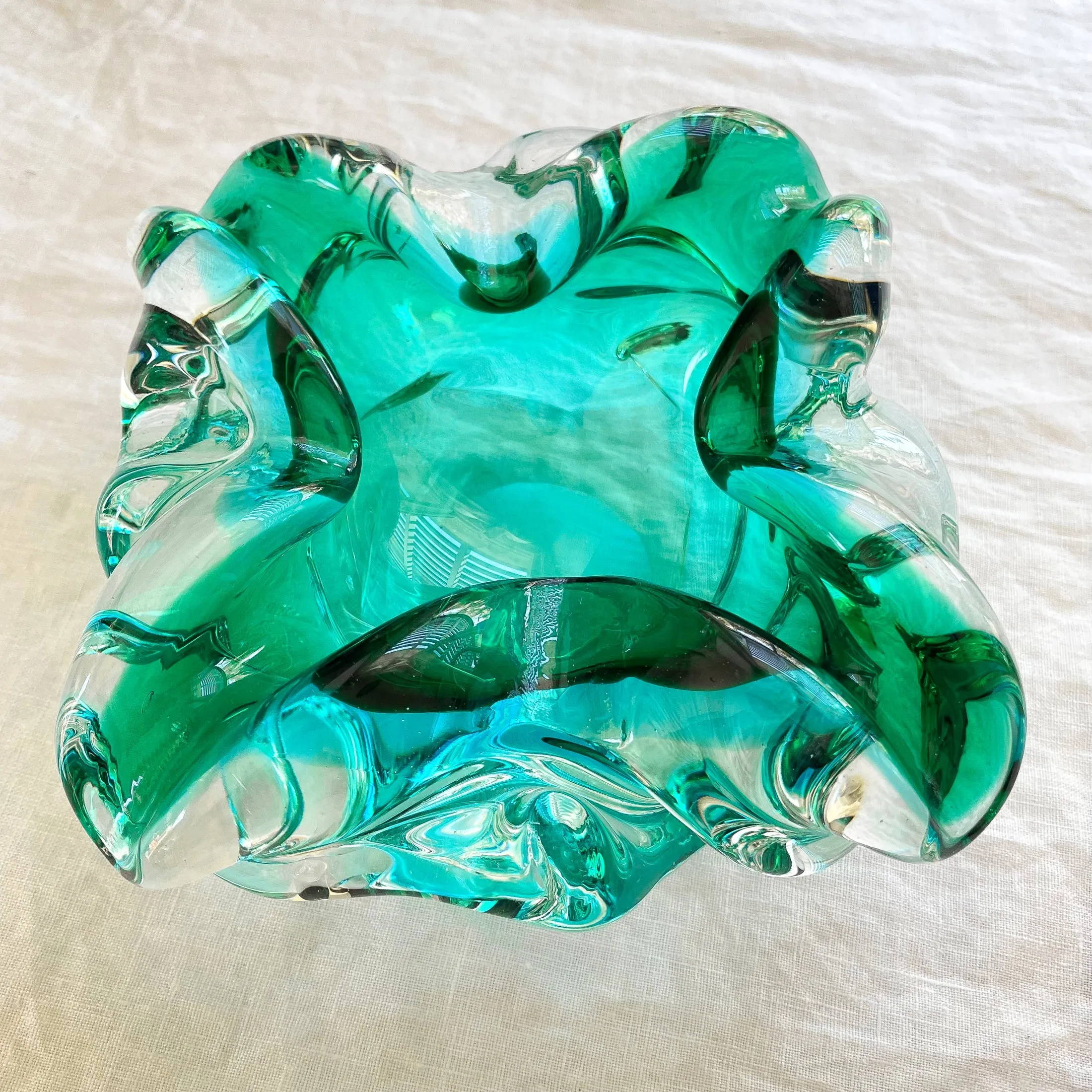 MCM Vintage Handblown Glass Bowl, Turquoise/Aqua Art Glass