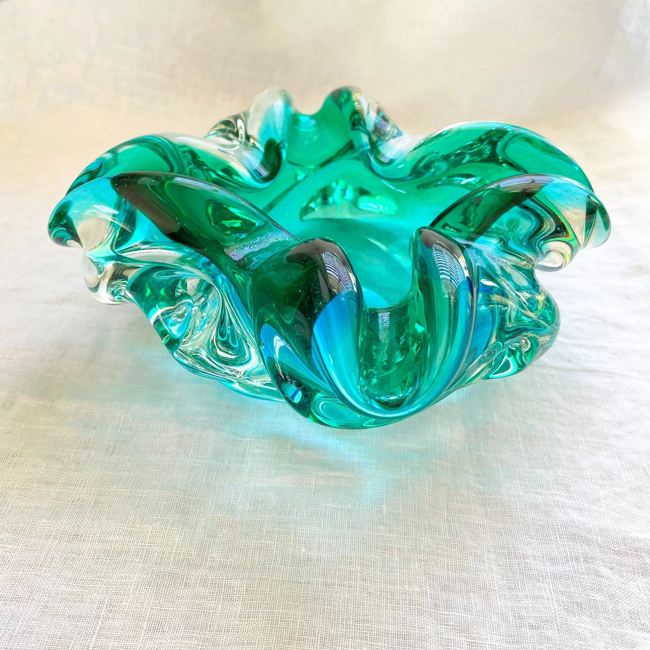 MCM Vintage Handblown Glass Bowl, Turquoise/Aqua Art Glass