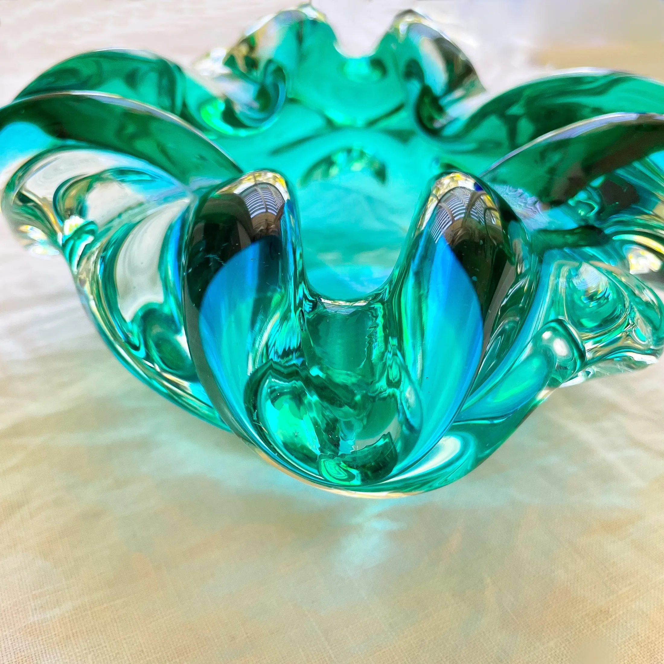 MCM Vintage Handblown Glass Bowl, Turquoise/Aqua Art Glass