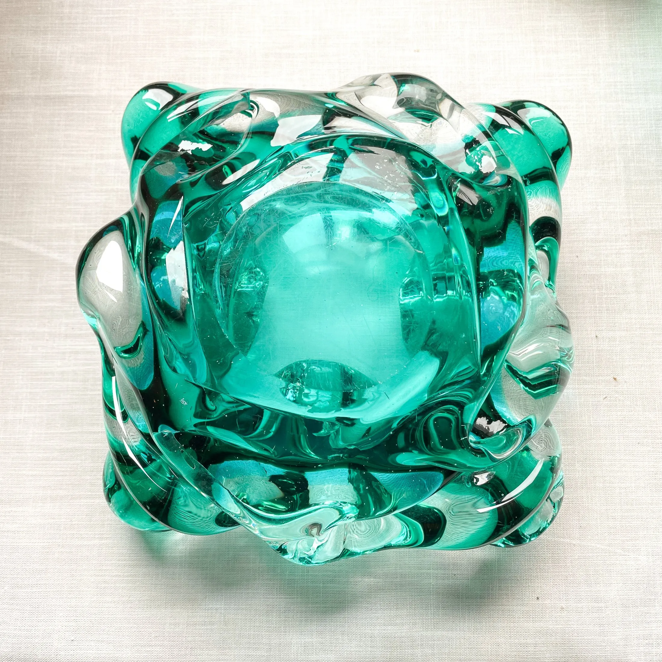 MCM Vintage Handblown Glass Bowl, Turquoise/Aqua Art Glass
