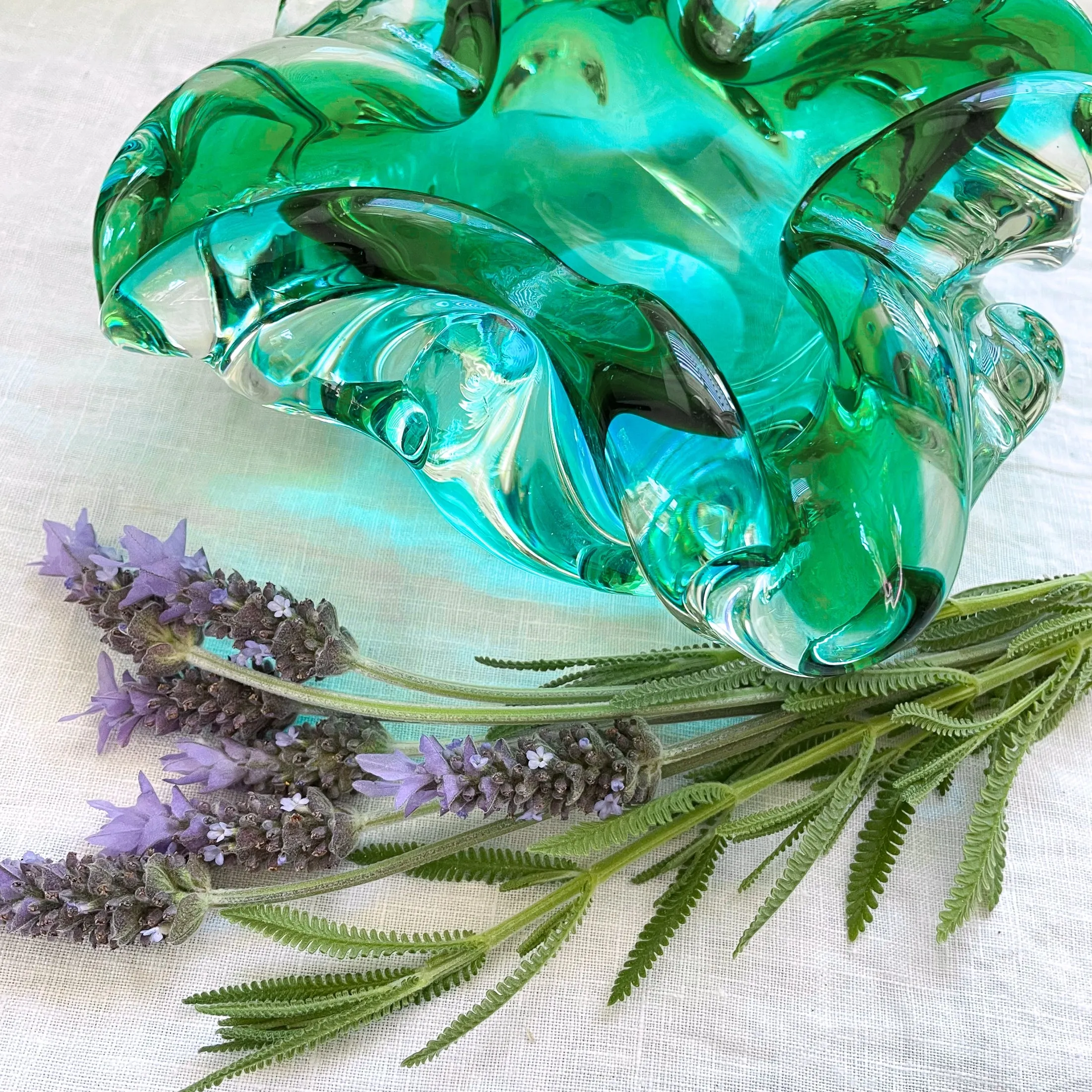 MCM Vintage Handblown Glass Bowl, Turquoise/Aqua Art Glass