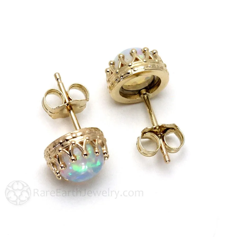 Opal Earrings 14K Gold Crown Design Studs October Birthstone